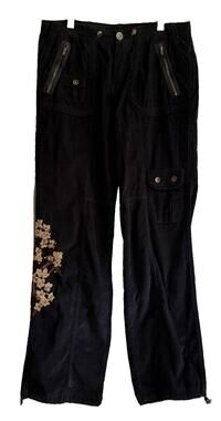 Y2K Faded Glory Corduroy Cargo Pants Womens 8 Black Floral Embroidered Utility
